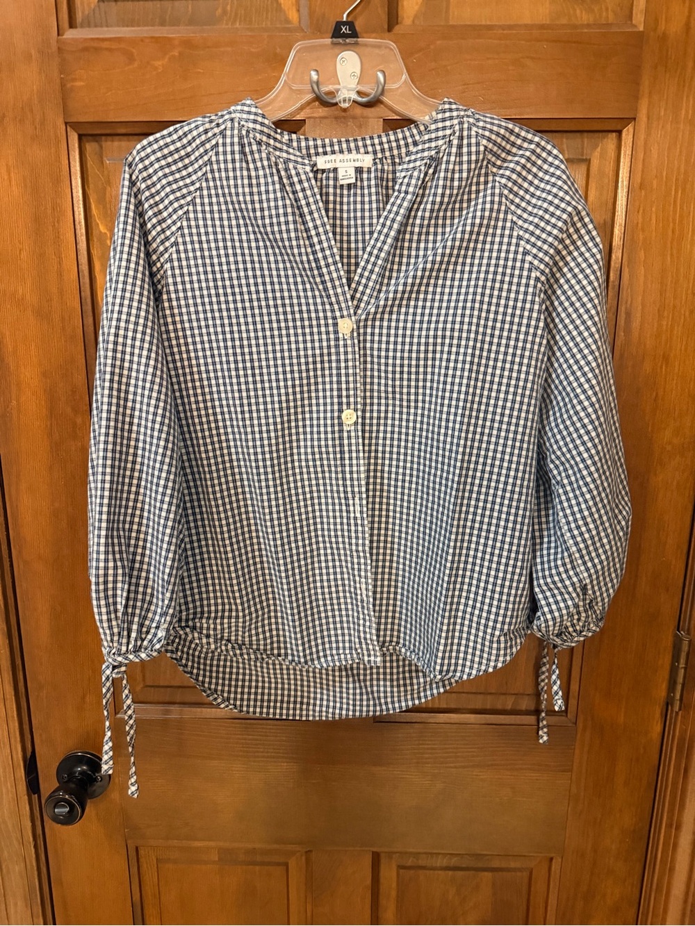 Blue Gingham Button-Front Women's Shirt with Tie Cuffs